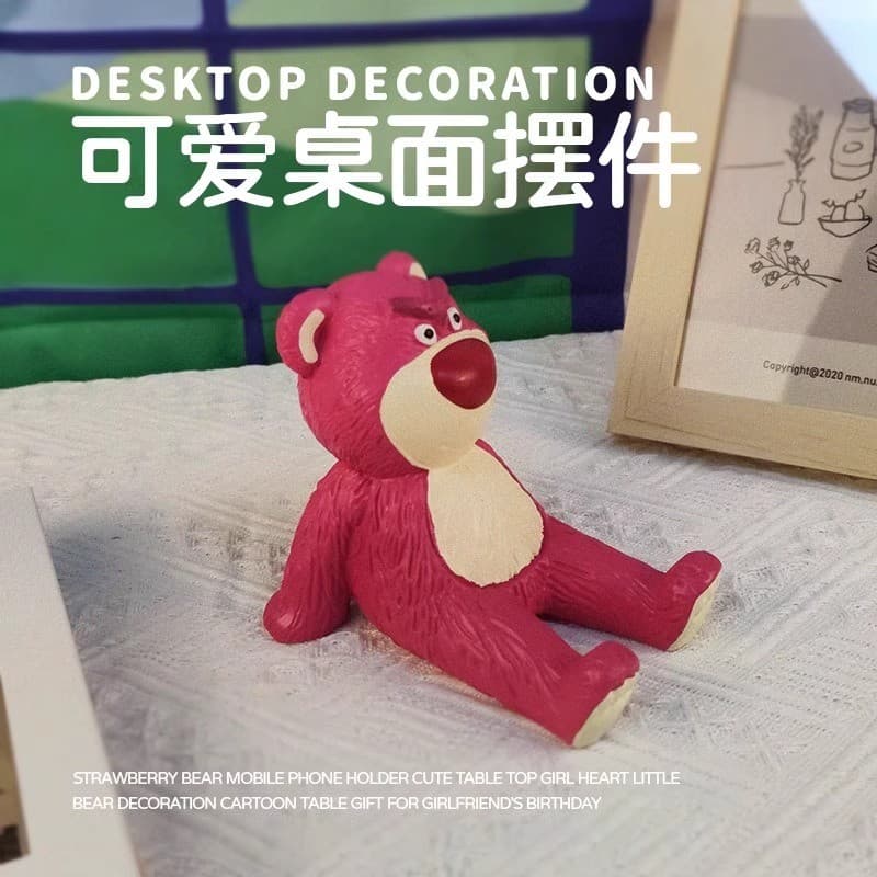TikTok Influencer Strawberry Bear Suporte para celular Decoração de mesa Decoração fofa de desenho animado Artefato preg