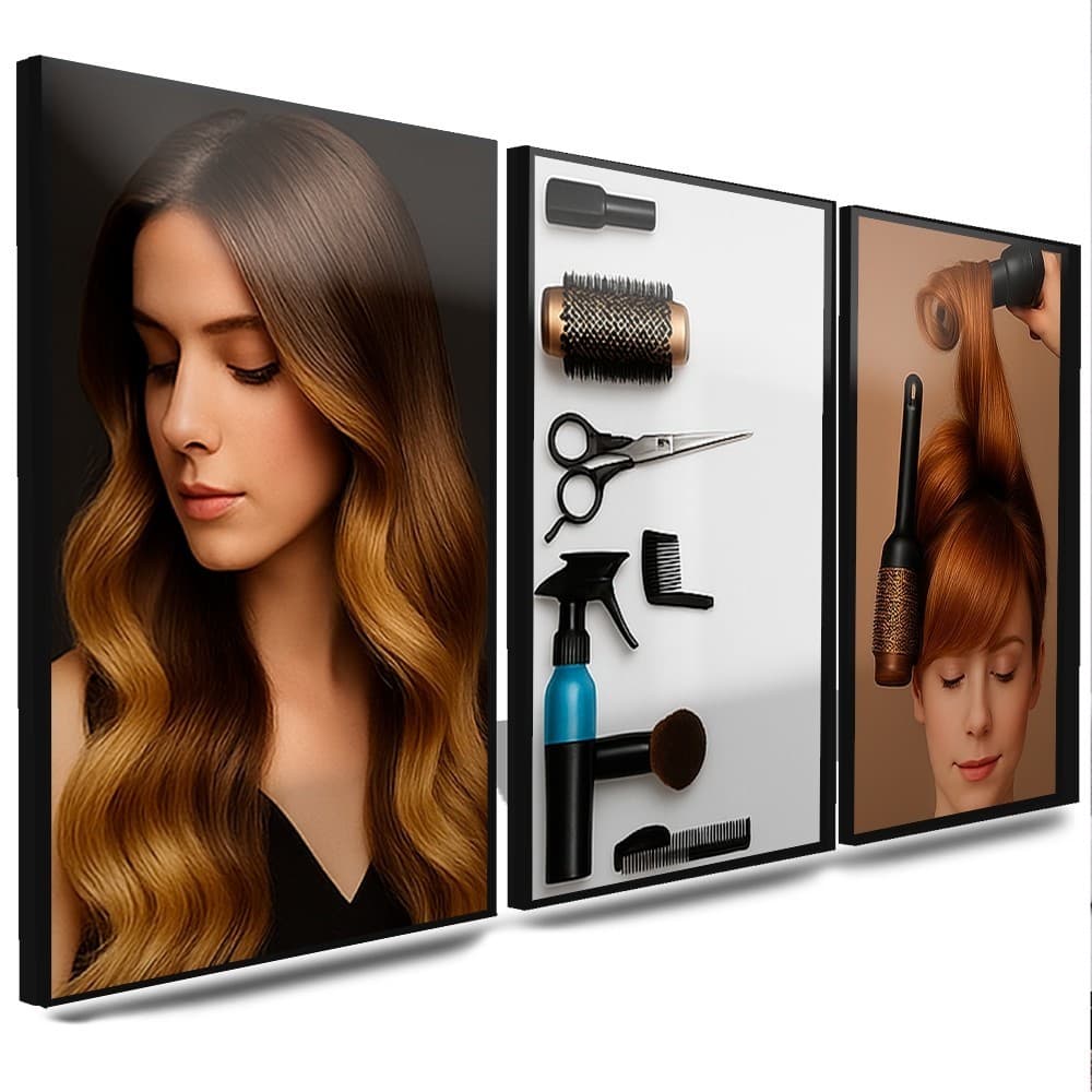 Kit 3 Quadros Decorativos Salão De Beleza Cabelereira Cabelo Mosaico Sala Quarto Escritório