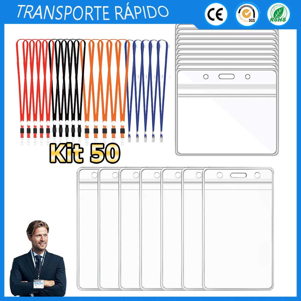 Kit 50 Crachás de plástico transparente porta-crachás e porta-cartões de identificação cordões com clipes