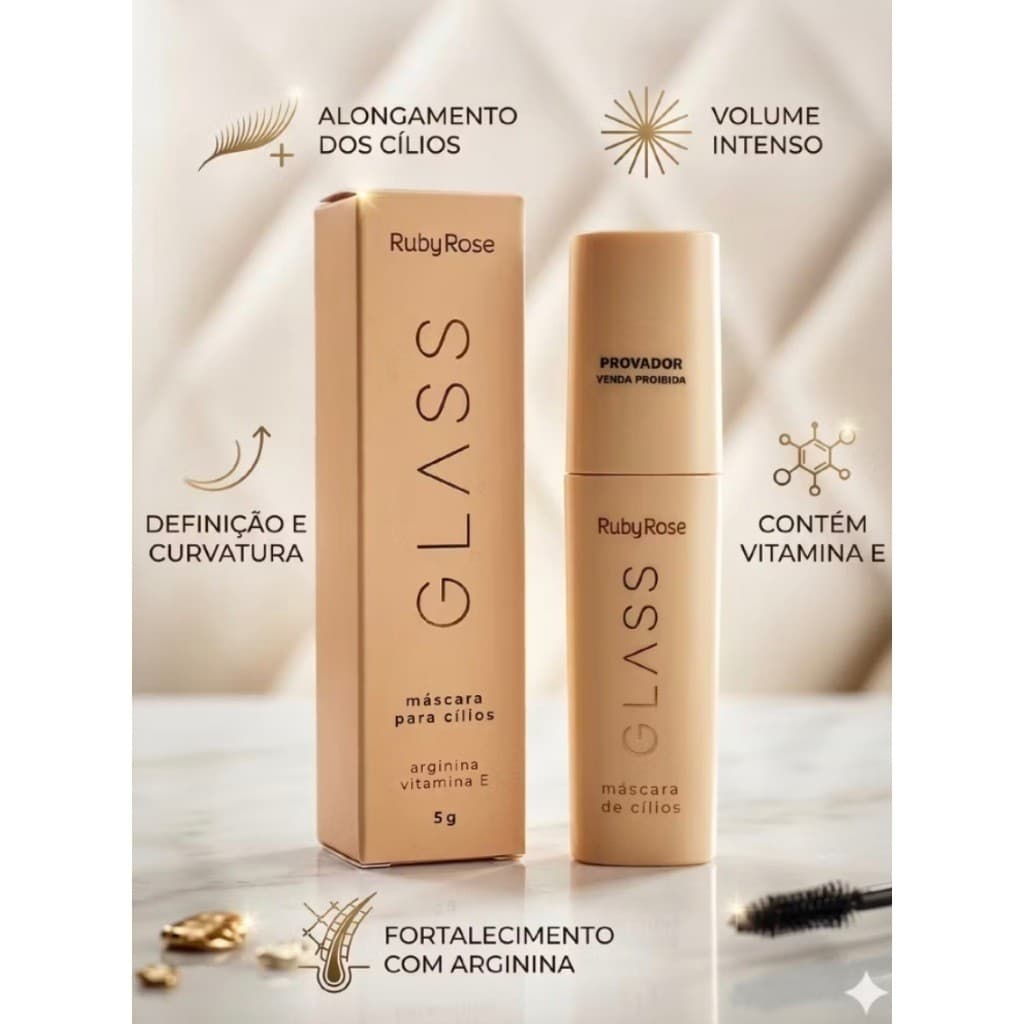 MÁSCARA DE CÍLIOS GLASS RUBY ROSE MAIS VOLUME, ALONGAMENTO E DEFINIÇÃO