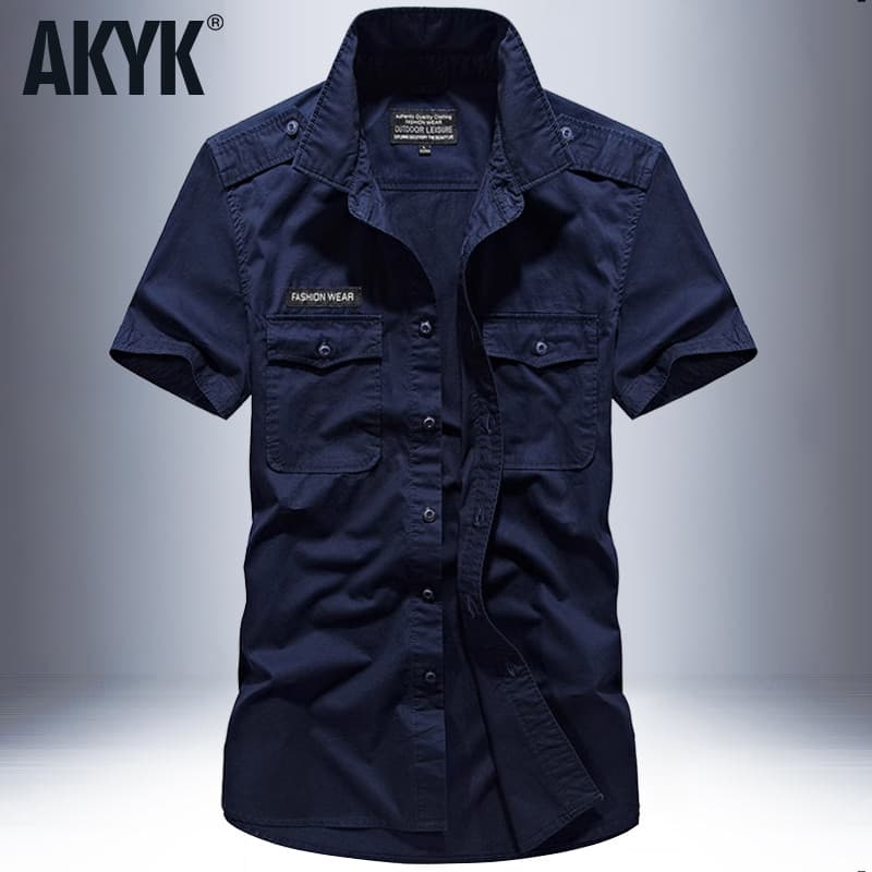 Battlefield camisa militar masculina de manga curta puro algodão solto camisa tamanho grande verão Multi-bolso Casual ju