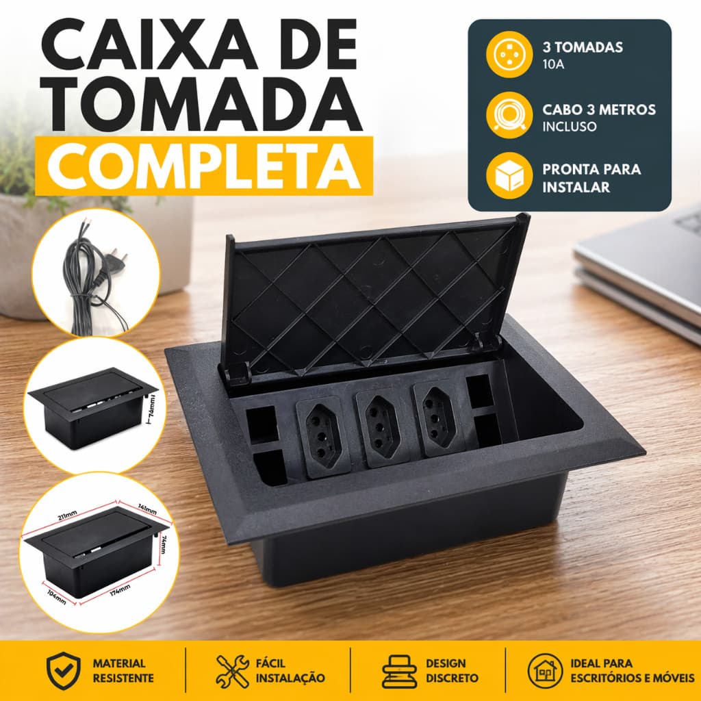 Caixa de Tomada para Mesa bancada  3 Tomadas 10A + Cabo 3m Preta Tampa Basculante Para Escritório e Home