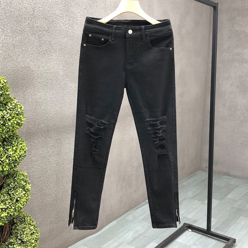 Calças com zíper estilo high Street preto calças de brim retas masculinas magro-ajuste calças magras 2025 outono calças