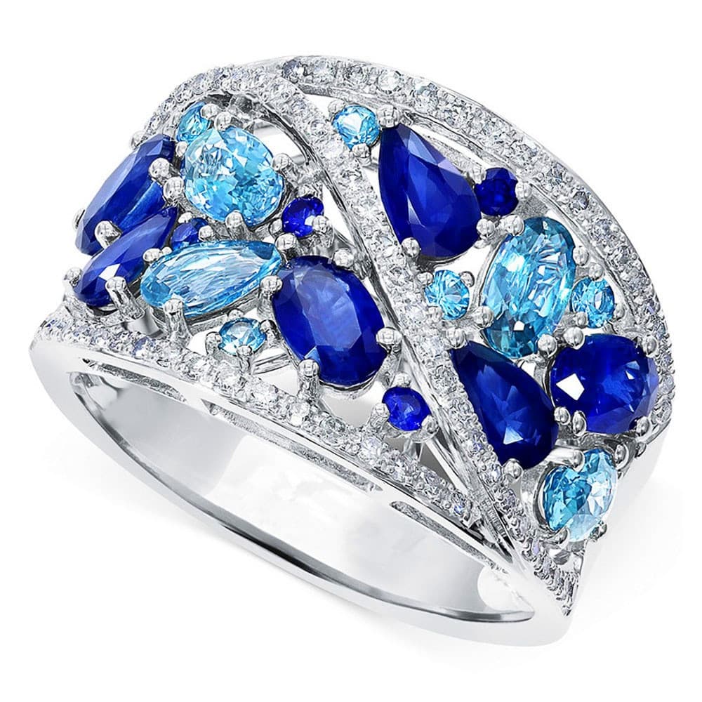 925 Prata Esterlina Luxo Azul Profundo/Celeste/Branco Zircão Feminino Festa Anel De Dedo Elegante Aniversário Para Espos