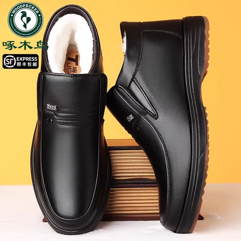 Woodpecker forro de lã de cano alto sapatos de algodão quente masculino couro genuíno sola de tendão de carne sapatos ca