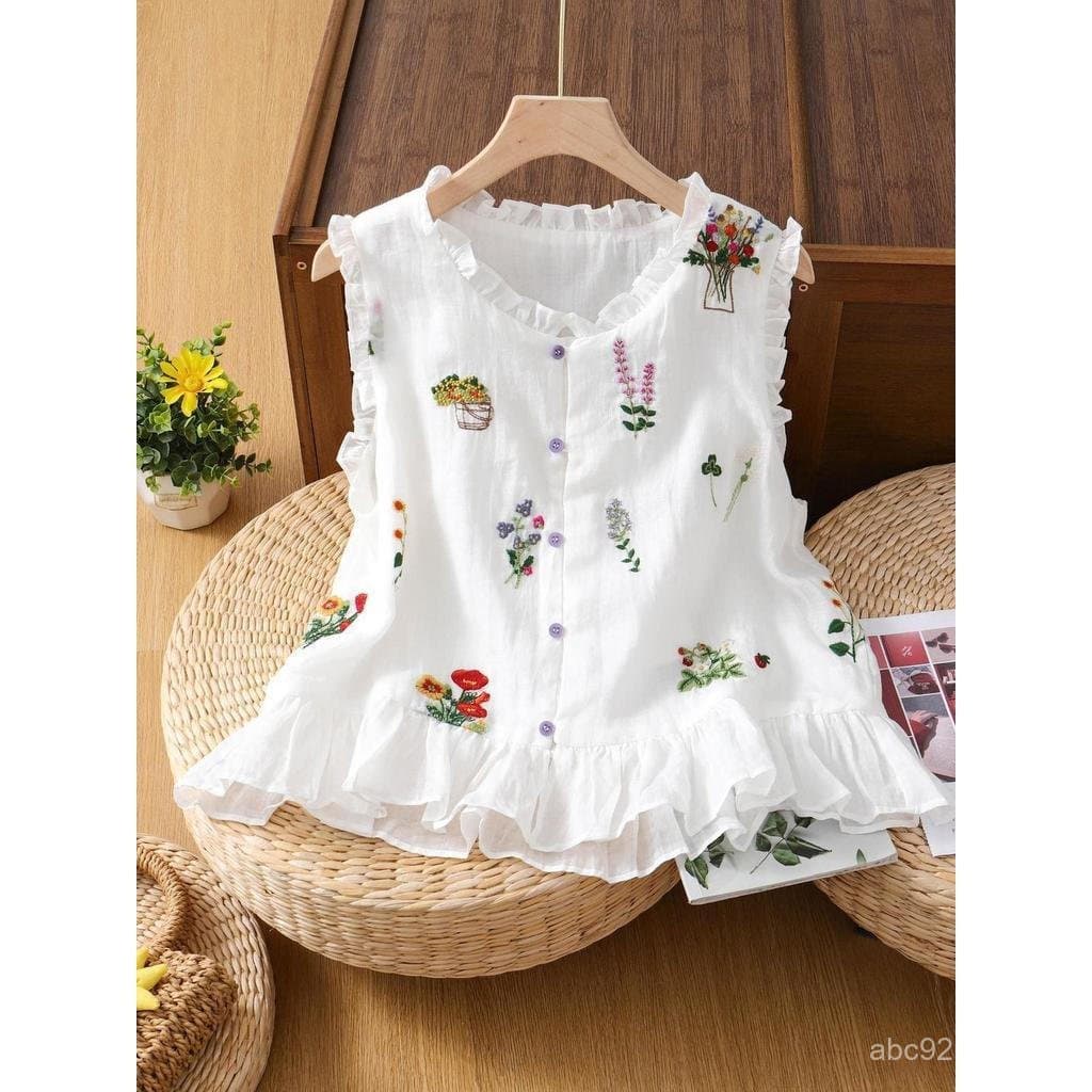 Arte francesa impressa colete camisa feminina verão estilo Mori estilo suave temperamento curto babados sem mangas topo