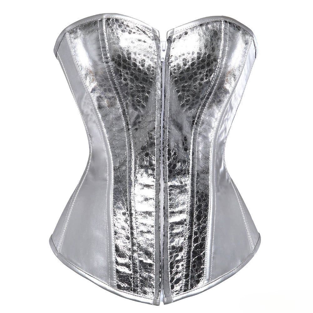 Mulheres Couro Falso Brilhante Ouro Prata Overbust Espartilho Burlesco Bustier Corpo Shaper Steampunk Corselet