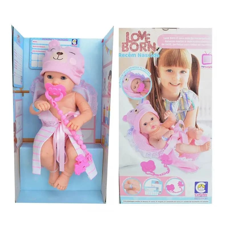Boneca Love Born Recém-Nascido Cotiplás Realista com Acessórios Infantil