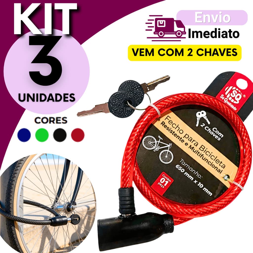 Cadeado Cabo de Aço 65cm para Bicicleta Moto Patinete 2 Chaves Reforçado Para Segurança 3, 2 ou 1 Unidade
