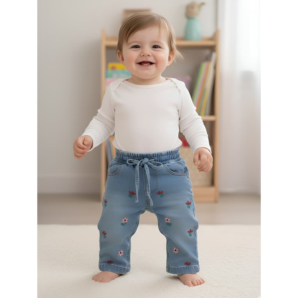 Calça Jeans Bebê Menina Bordado Flores Cintura Elástica Moletom Cordão Amarrar Bolsos