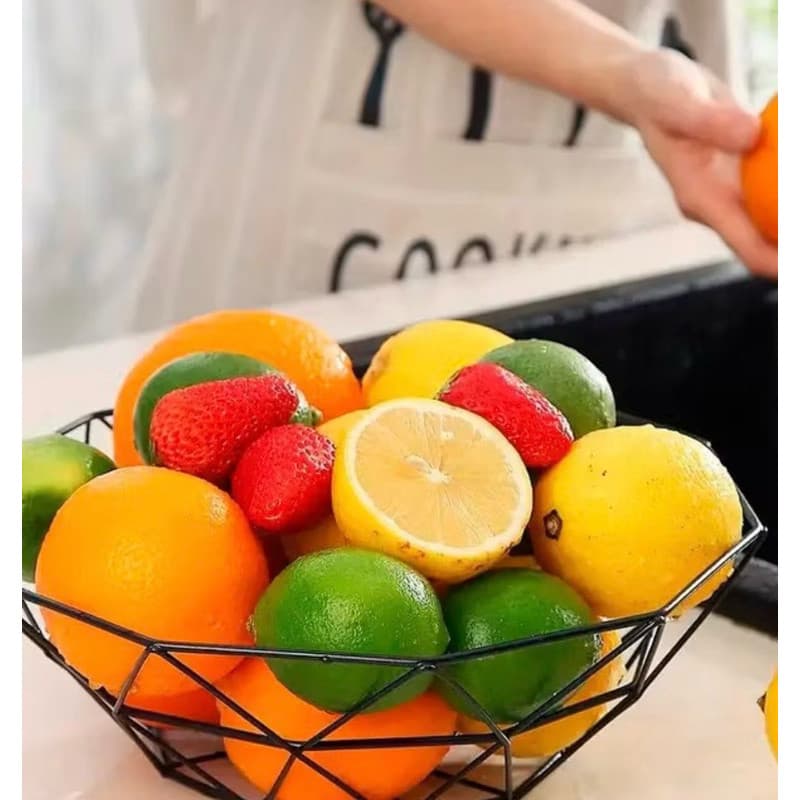 Fruteira Aramada Preta Geométrica Cesta de Frutas Metal Decorativa Mesa Cozinha Organizador Moderno