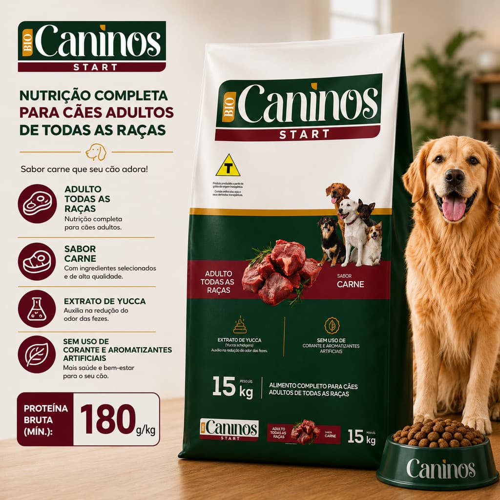 Ração Caninos Start 15kg Adulto 18% Proteína Sabor Carne