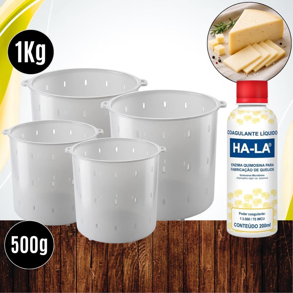 Kits Queijeiro Coalho HA-LA + Formas 500g e 1kg (especial e reforçadas) p/ queijos Minas Canastras