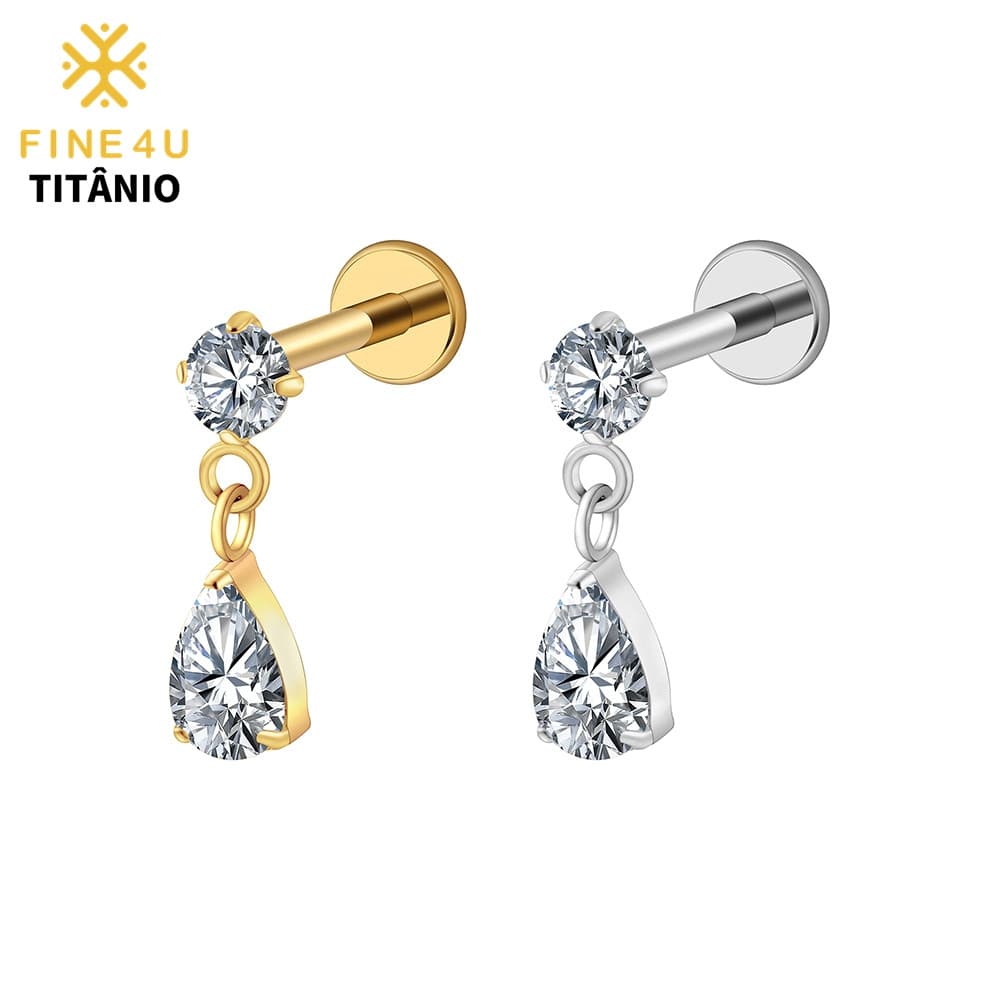 Brincos pendentes em formato de gota FINE4U de liga de titânio ASTM F136, adequados para perfuração na cartilagem do lób