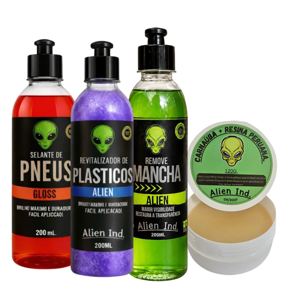 Kit Estética Alien Cera de Polimento Selante Pneu Revitalizador de Plástico Removedor Manchas Vidro