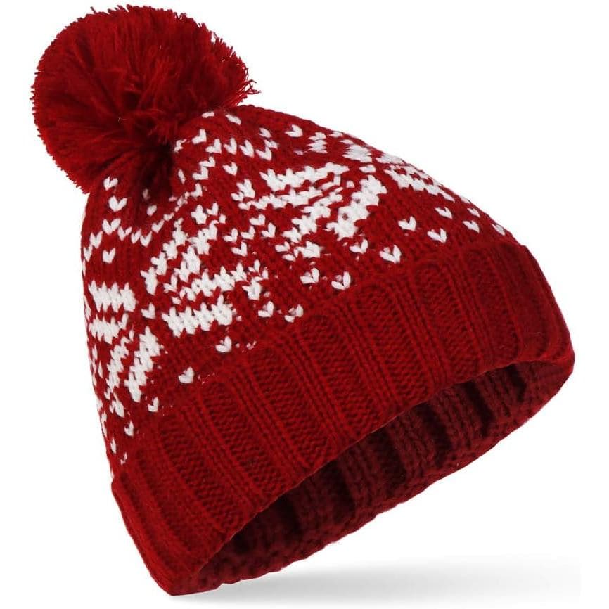 Gorro de Inverno Feminino de Tricô Macio e Quente com Floco de Neve Vermelho