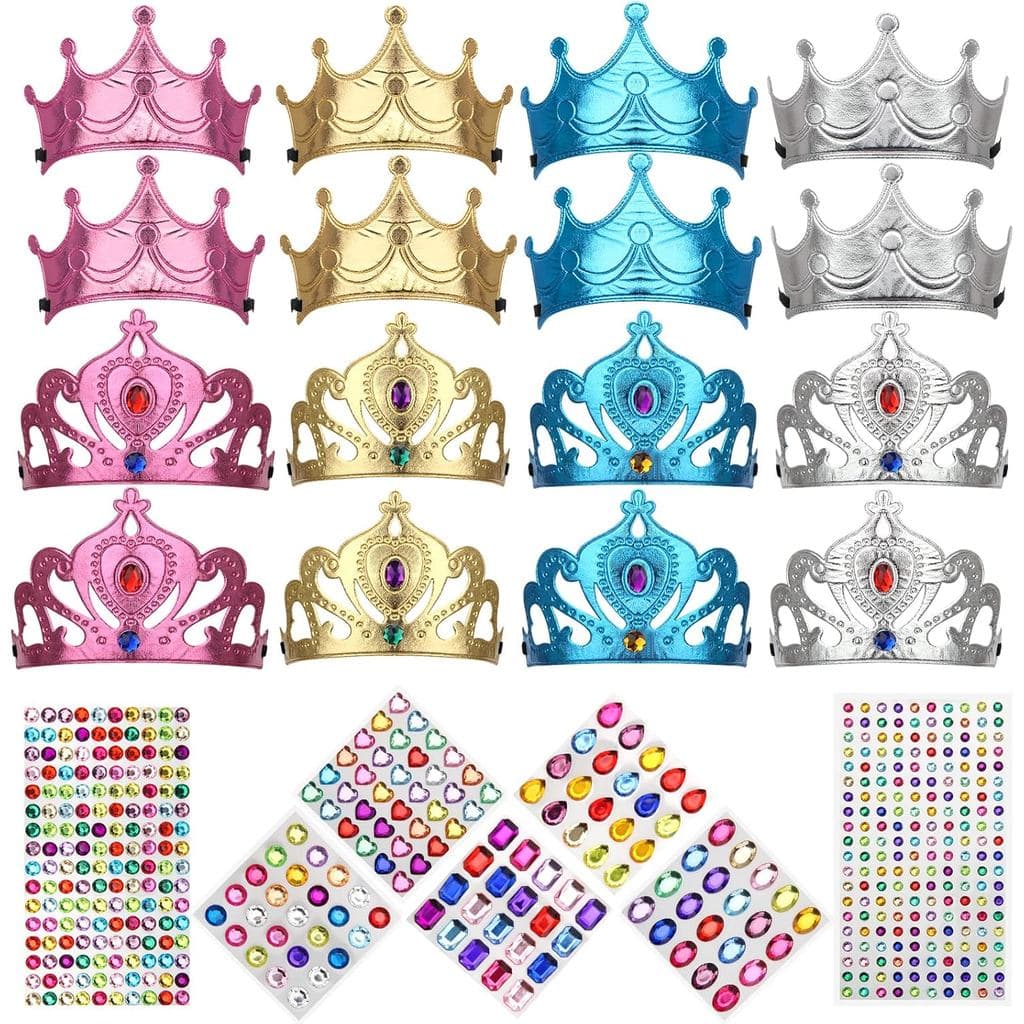 Conjunto de 23 Coroas de Espuma, 16 Tiaras e Coroas de Princesa para Festa com 7 Folhas de 500 Adesivos de Cristal Diama