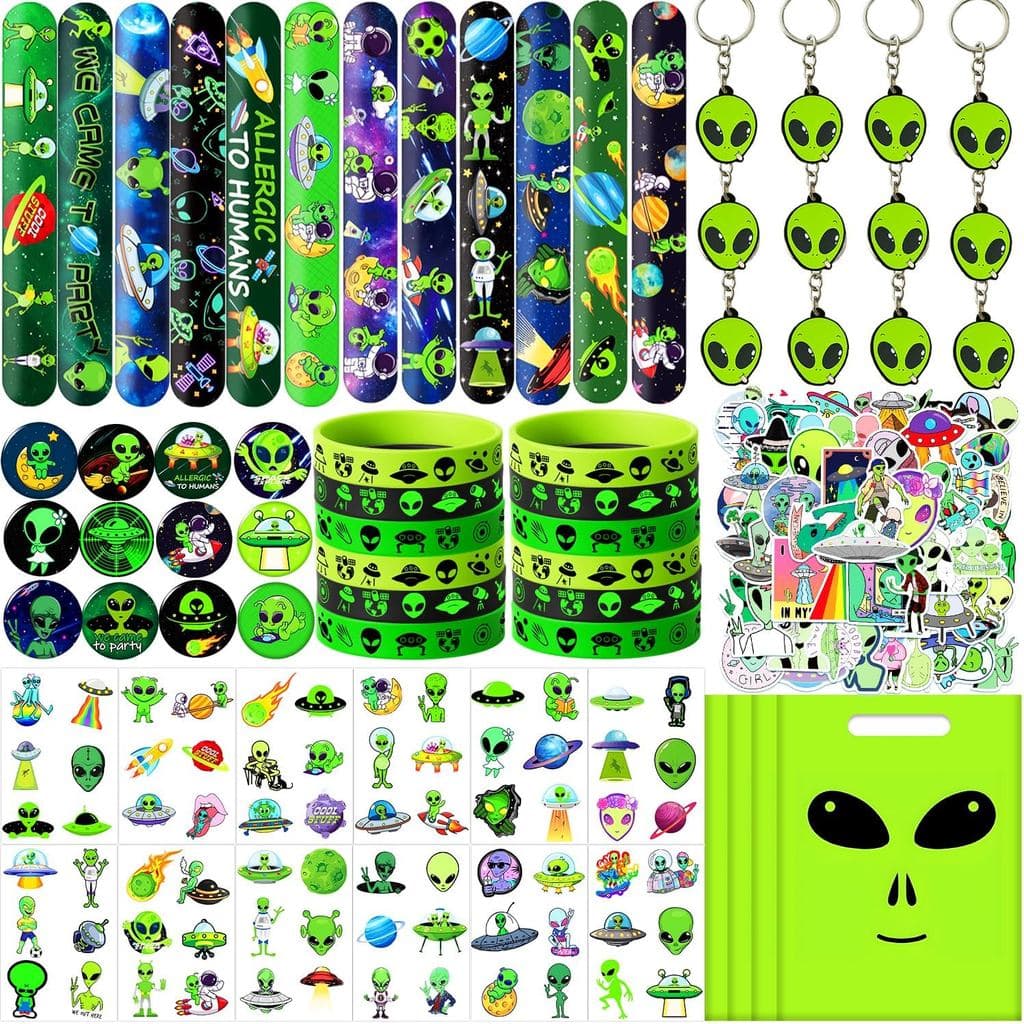 182 Peças de Artigos para Festa Alienígena com Tema de Alienígena Verde, Suprimentos para Festa Espacial, Sacolas de Bri