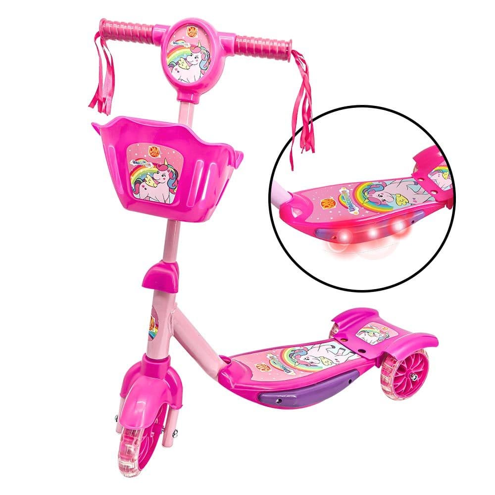 Patinete Infantil 3 Rodas Rosa DM Toys com Luz e Som Cesta Unicórnio