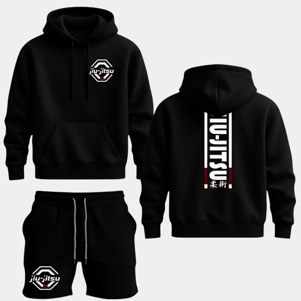 Kit Conjunto Moletom Agasalho de Moletom e Bermuda de Moletom Jiu Jitsu Estampado Frente e Costas