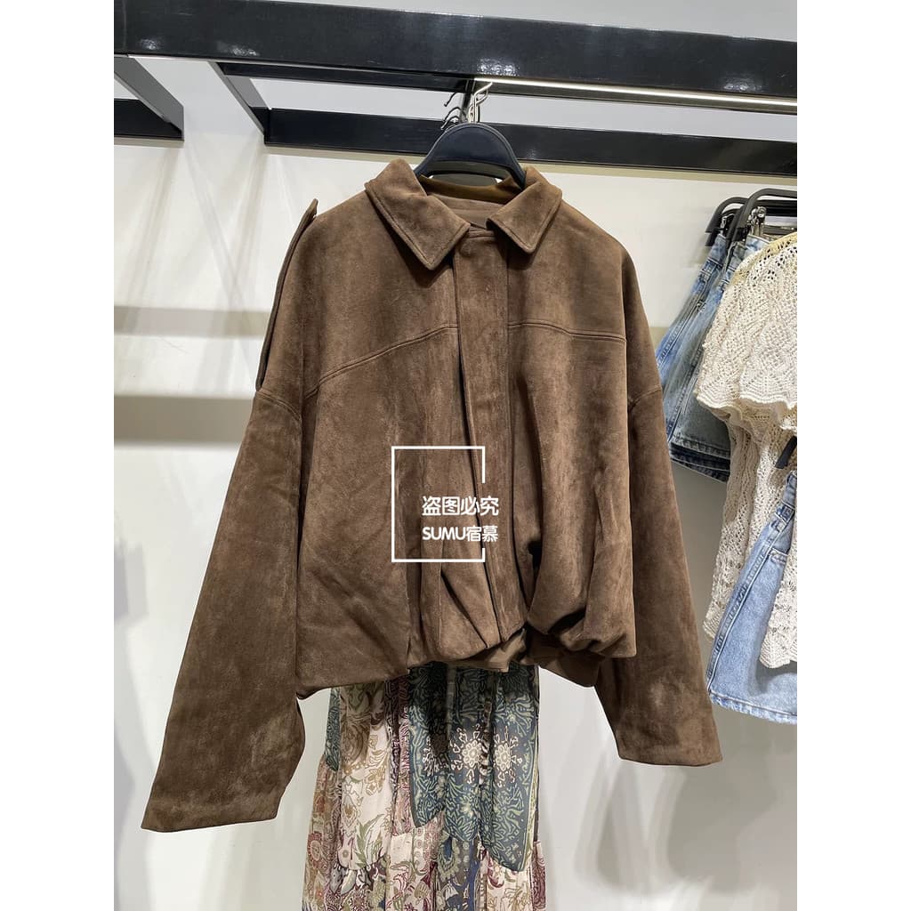 SUMU American Retro Lapela Curta Solta Camurça Jaqueta Bomber Feminina4344655