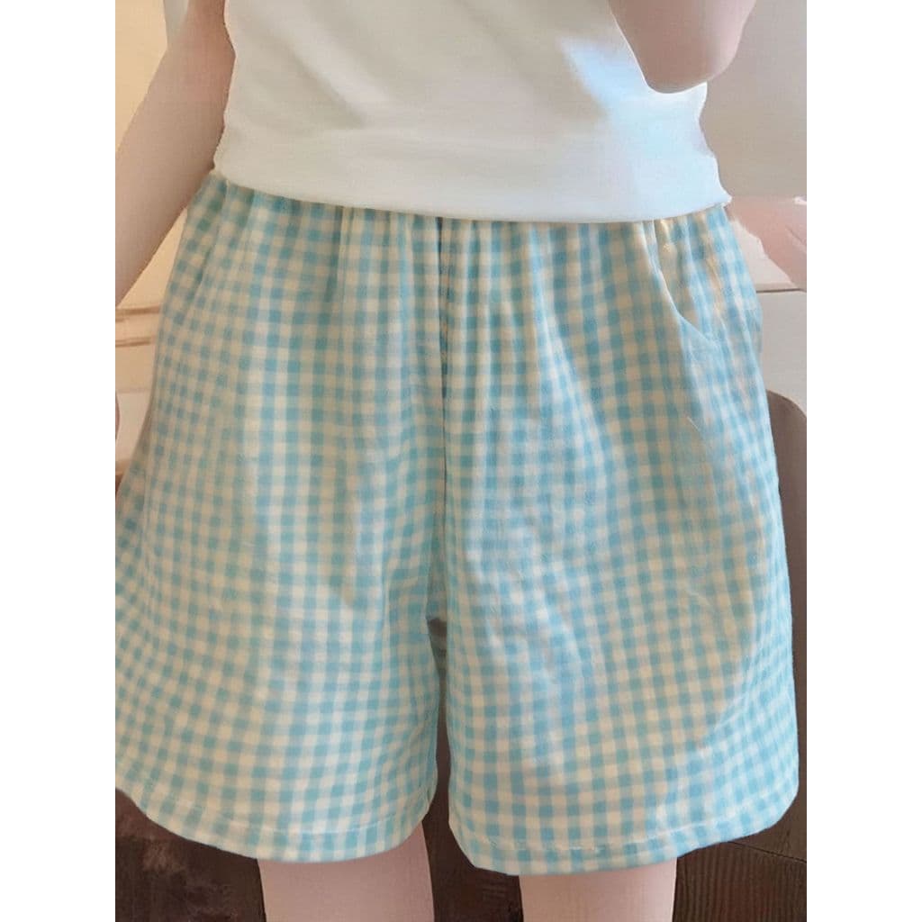 2025 novo estilo tamanho grande calças de pijama finas Shorts perna larga mais magro olhar verificado verão solto casual