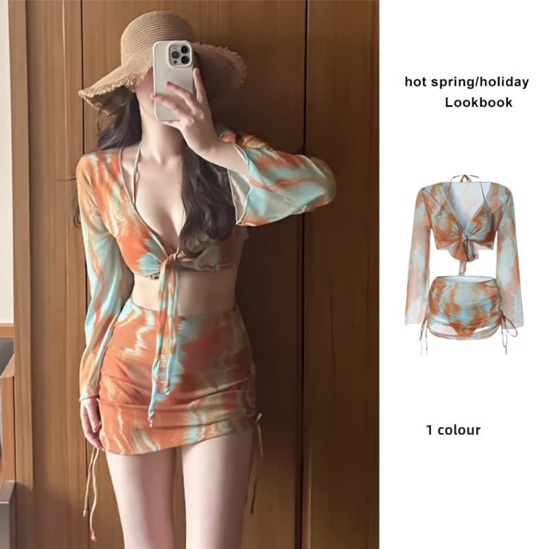 Retro maiô feminino de quatro peças de manga comprida protetor solar capa carne conservadora High-End ilha férias primav