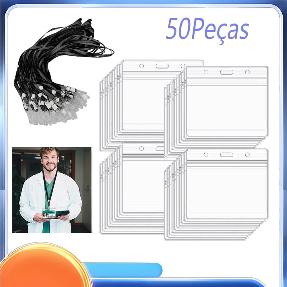 50 porta-crachás impermeáveis, porta-crachás com cordão preto