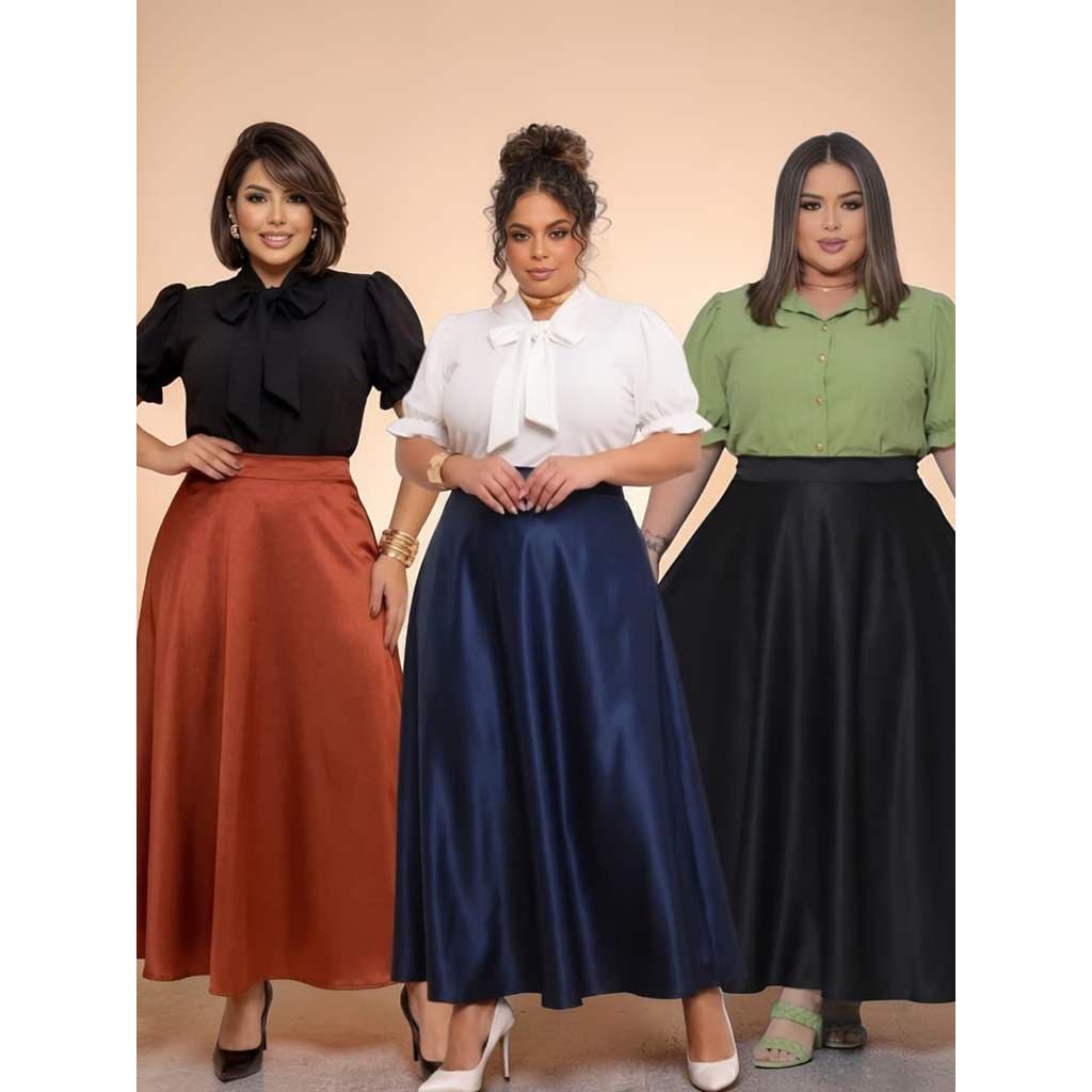 Saia Plus Size Longa Rodada Acetinada Cintura Alta  Zíper Moda Evangélica Elegante Outono Feminina