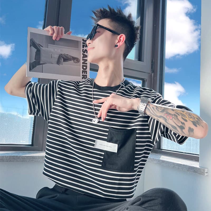 Listrado de manga curta masculino verão Street wear plâncton bonito pesado meia manga camiseta masculina wear 2023 novo