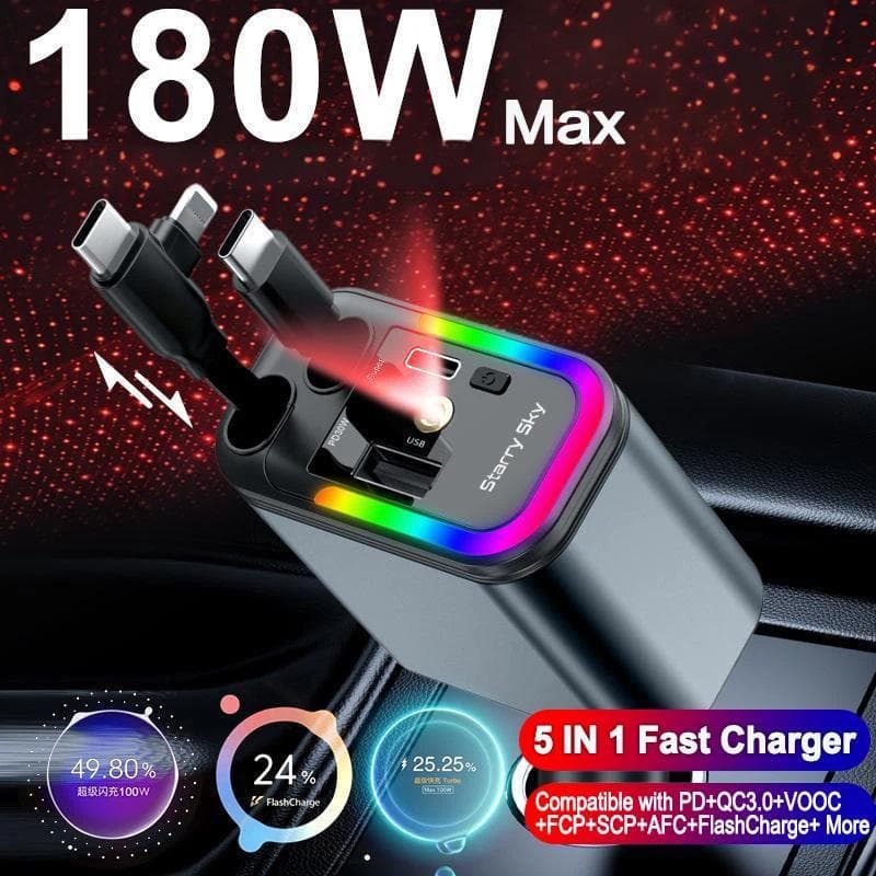 180W 5 Em 1 Carregador De Telefone Retrátil Para Carro RGB Starry Sky Light PD/QC3.0/SCP/VOOC/FlashCharge/AFC Protocolos