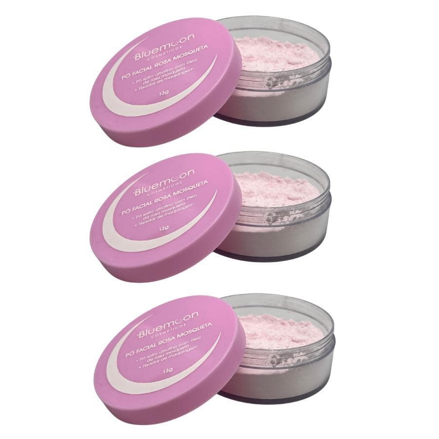 Kit 3 Pó Facial Rosa Mosqueta Blue Moon - Finalizador de maquiagem - Ajuda no controle de Oleosidade