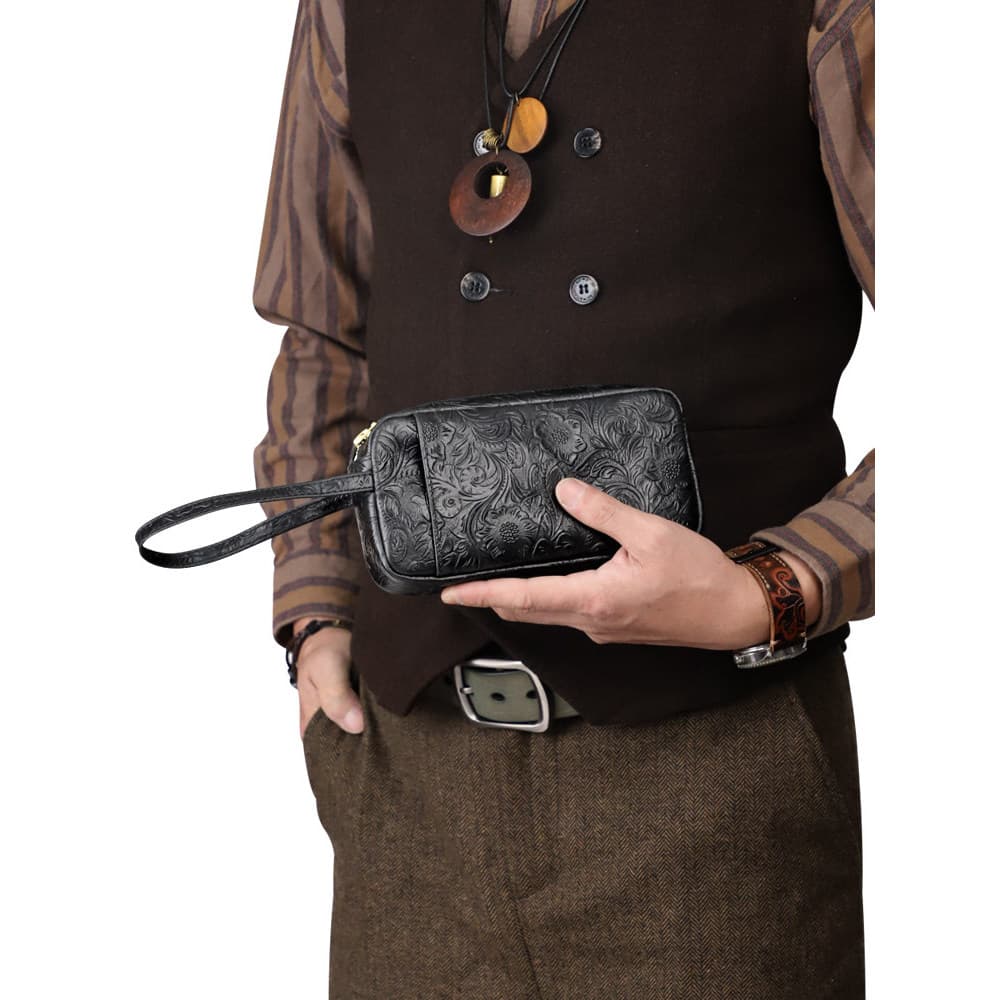 Bolsa de mão masculina de couro genuíno artesanal, bolsa de embreagem de grande capacidade, carteira retrô exclusiva com