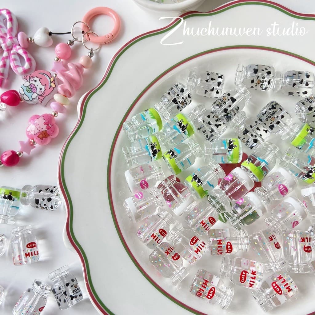 2 Peças Garrafa De Leite Fofa Dos Desenhos Animados Contas Acrílicas Impressão Transparente DIY Pulseira Artesanal Mater