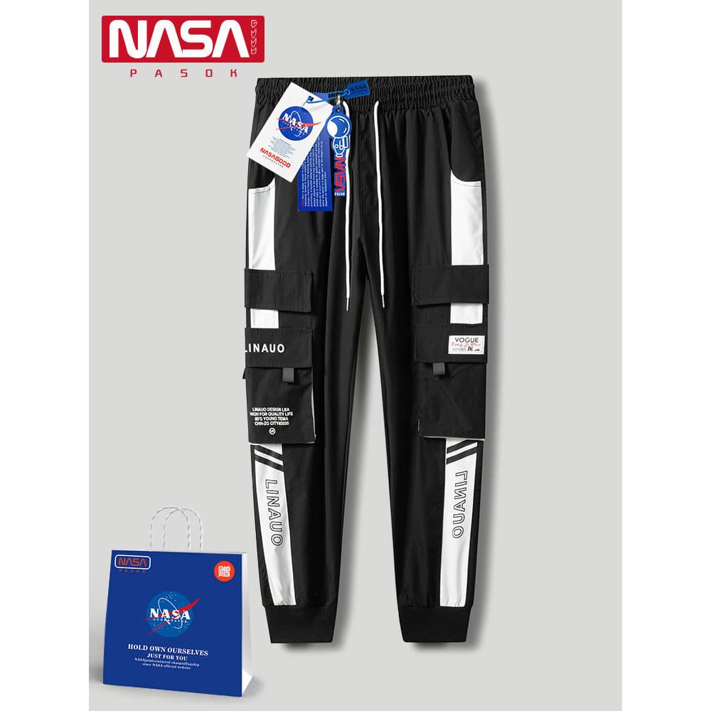 NASA Co-Branded macacão masculino primavera outono na moda cor-bloqueando calças magras adolescente solto tamanho grande