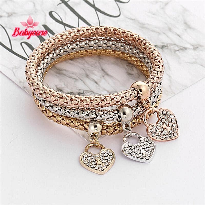 BYCE > Moda Feminina 3 Peças Ouro Prata Rosa Pulseiras Conjunto Strass Pulseira Joias Novas