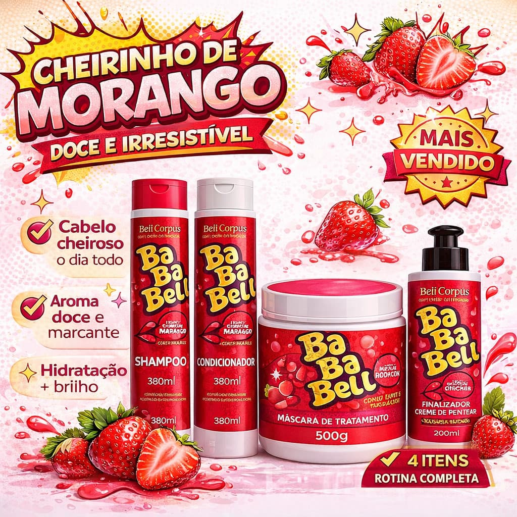 Kit 4 Itens Bababell Morango ou Tutti Fruti Shampoo Condicionador Mascara e Creme de pentear