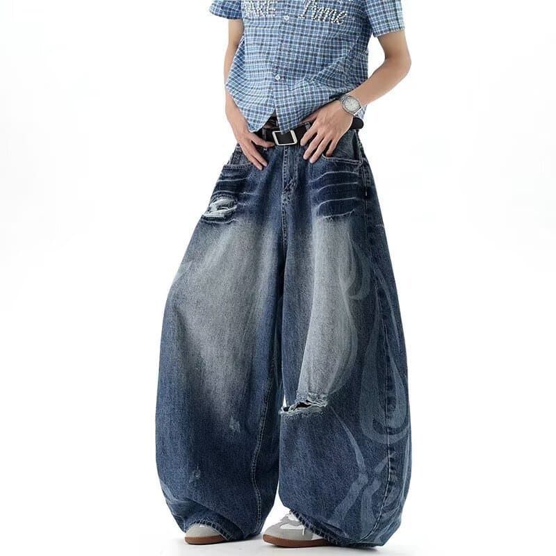Americano Retro gato bigode Machete Jeans masculino rasgado solto calças de perna larga feminino