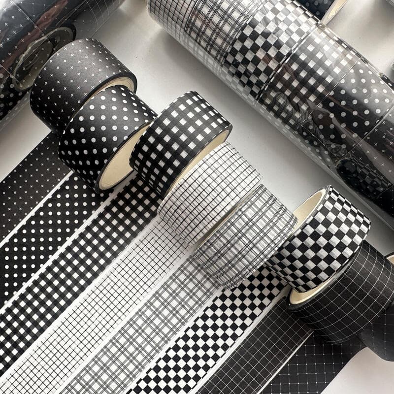 ENWEI 20mm * 5m 1 Rolo [Série Básica Preta] Fita Washi Linhas Brancas Finas Xadrez Material Decorativo De Diário Para Pl