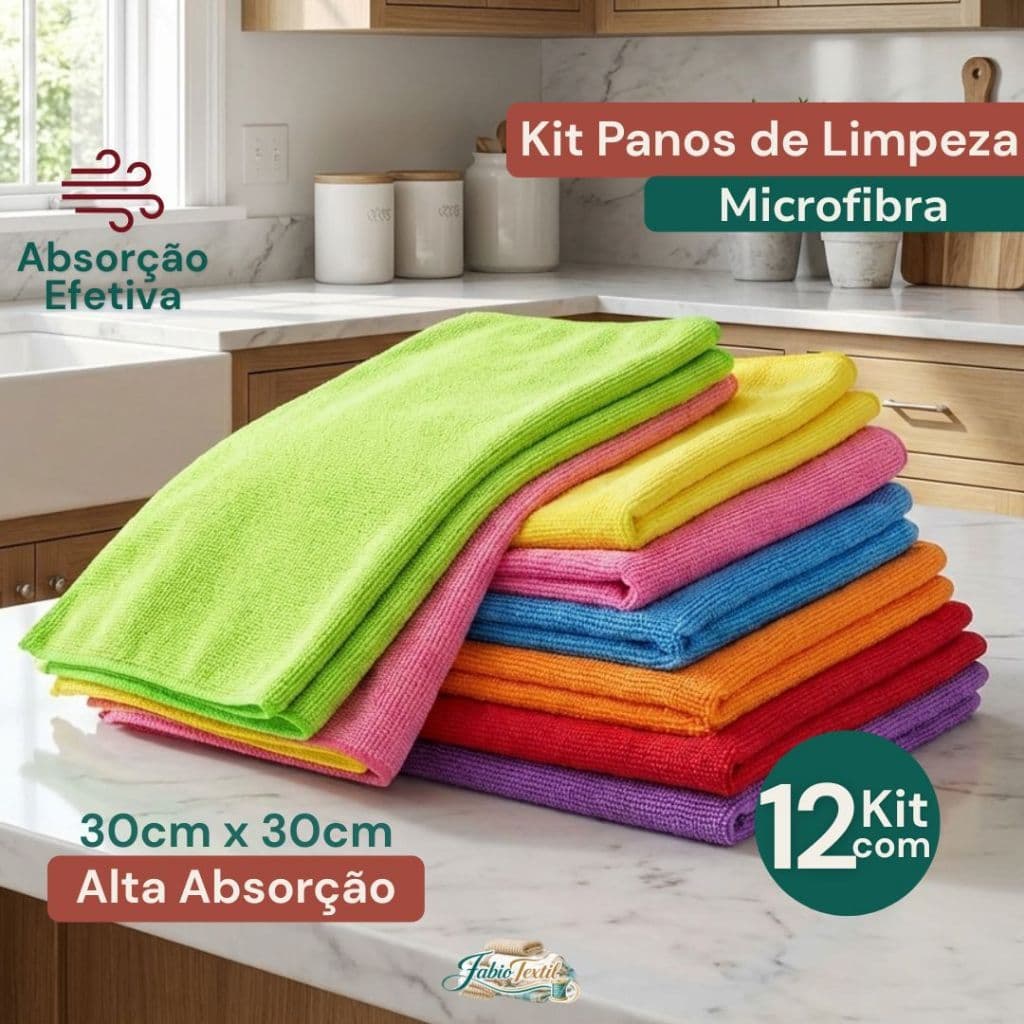 Microfibra para Limpeza: Kit com 12 Panos 30x30cm Diversas Cores