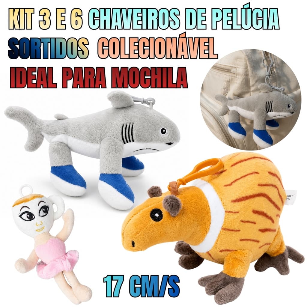 Kit Coleção de Chaveiros de Pelúcia Divertidos e Coloridos