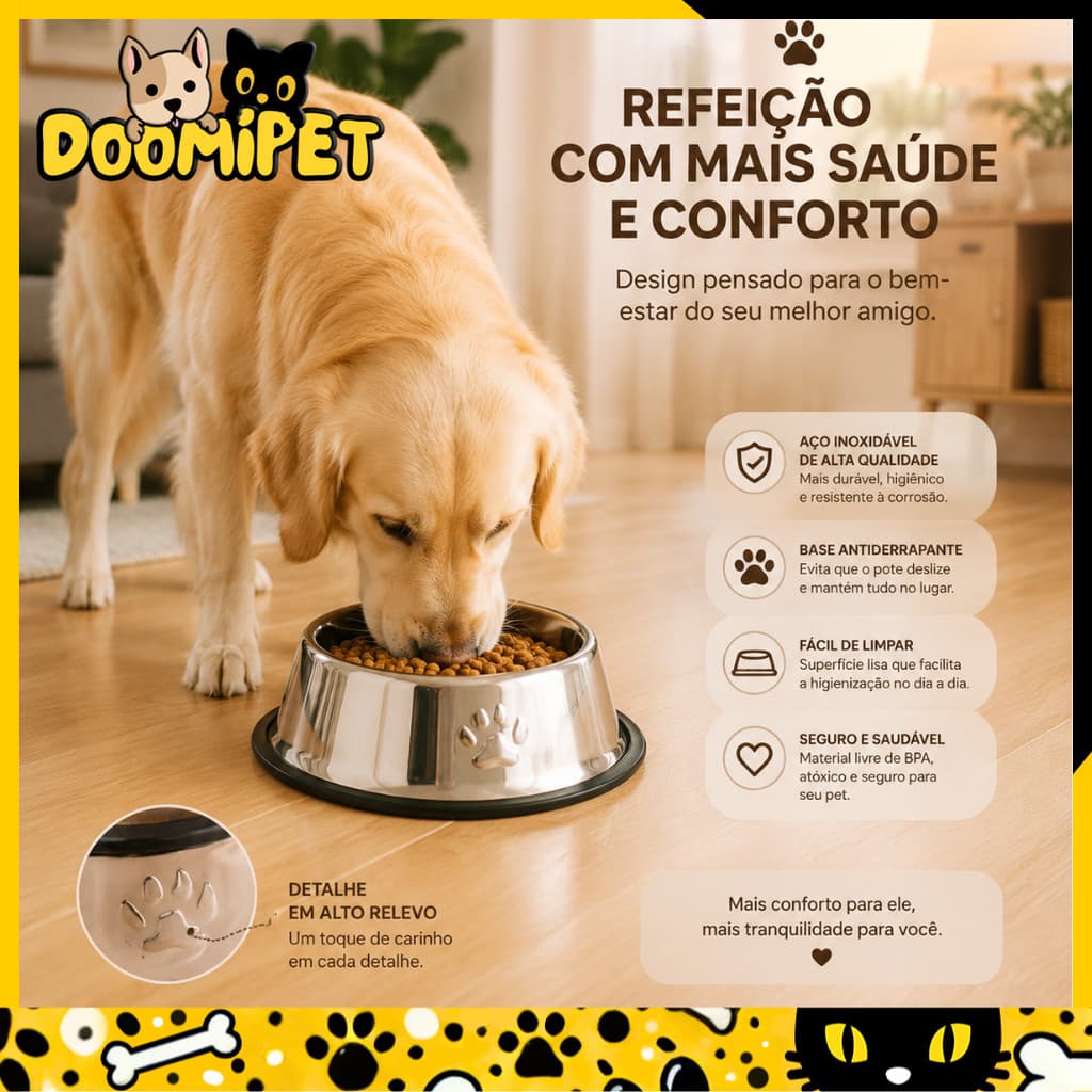 Comedouro Pote Comida Ração Água Pet Cães Gatos Vasilha Inox Antiderrapante