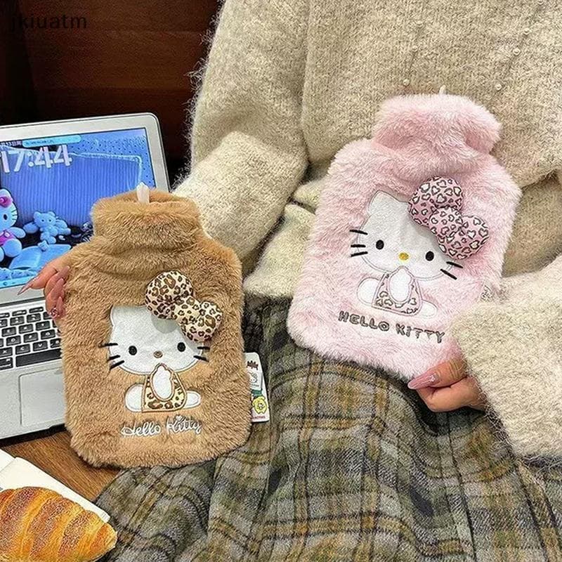 [jkiuatm] 500/1000ML Bonito Estampa De Leopardo Hello Kitty Garrafa De Água Quente De Pelúcia Ins Forro Espessado Aquece