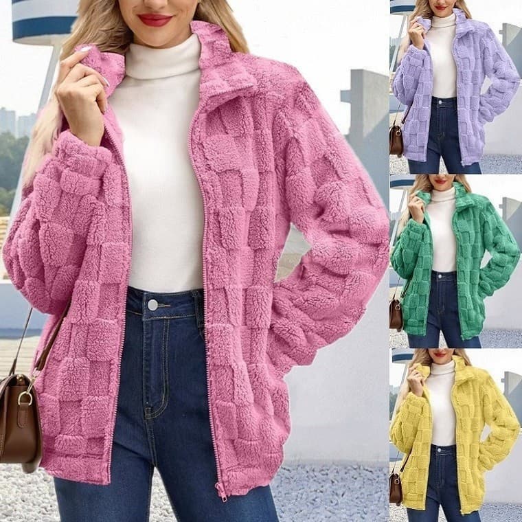 Outono Inverno Feminino Quente Pelúcia Zíper Xadrez Jaqueta Turn Down Colarinho Cardigan Casaco