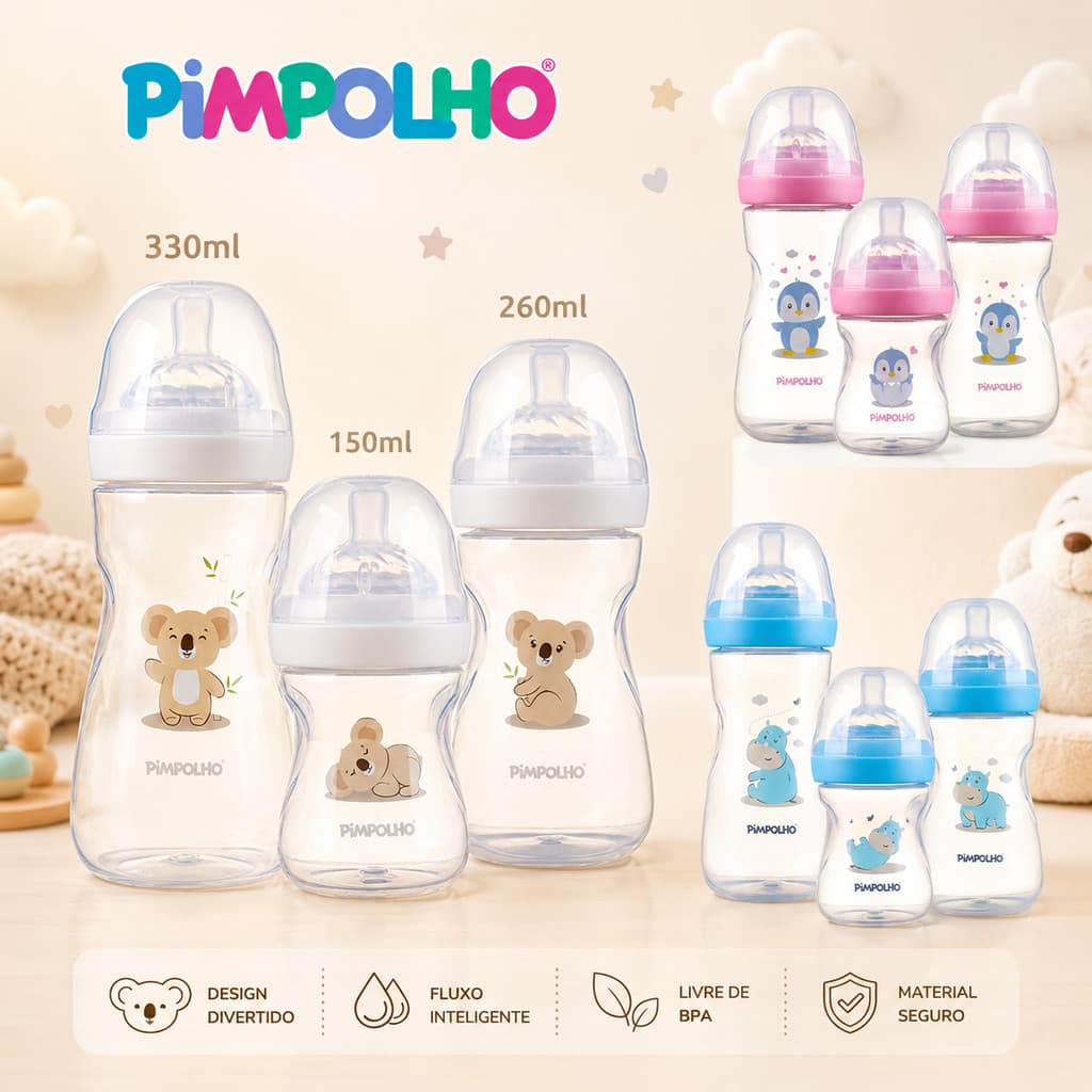 kit Mamadeira Infantil Pimpolho Anticólica livre BPA – Silicone Macio - 150ml/260ml/330ml