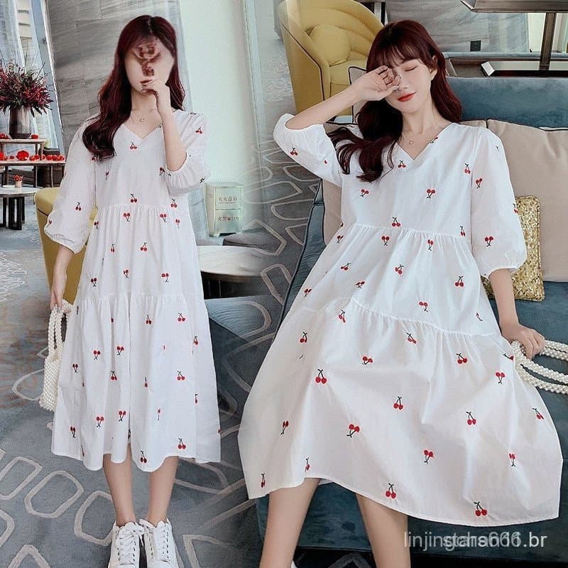 Vestido feminino com estampa de frutas e decote em V, manga curta, comprimento médio