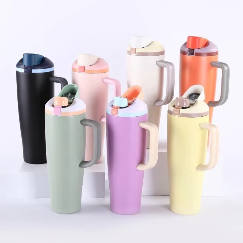 Nova Garrafa Térmica de Aço Inoxidável com Alça, 1200ml, Copo para Carro, Grande Capacidade