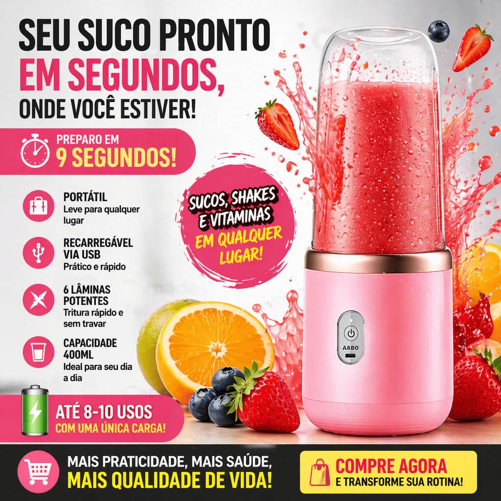 Liquidificador Portátil 400ml 6 Lâminas USB Recarregável Mini Mixer Suco Shake Cor Rosa