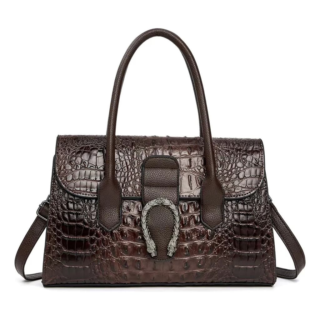 Bolsa  Grande Detalhe Ferradura Texturizada Jacaré Couro Pu