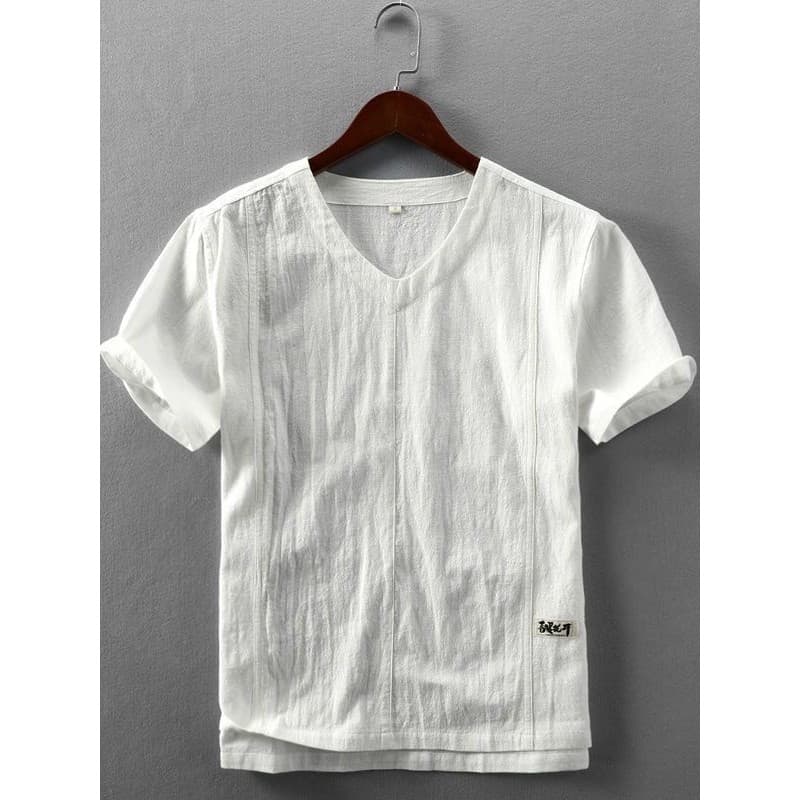 Verão Casual linho de manga curta camiseta masculina com decote em V pulôver camisa de linho de algodão respirável legal